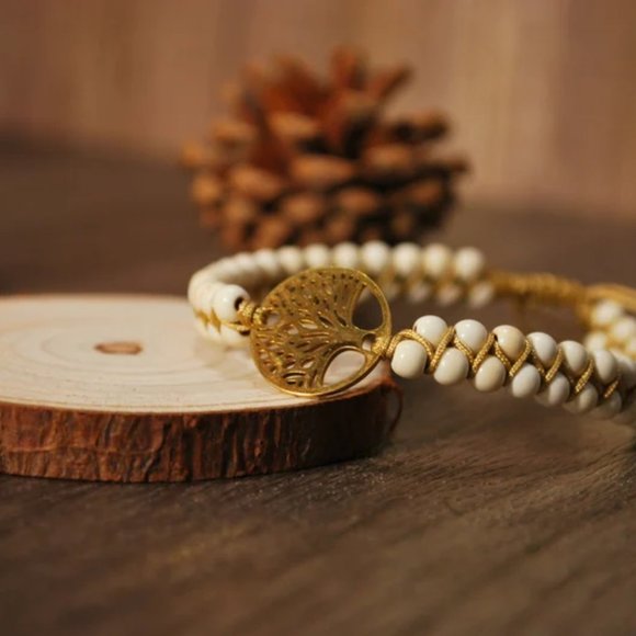 Natural African Stone Bead Bracelet & Bangle with Tree of Life Braided Charm - Picture 5 of 7